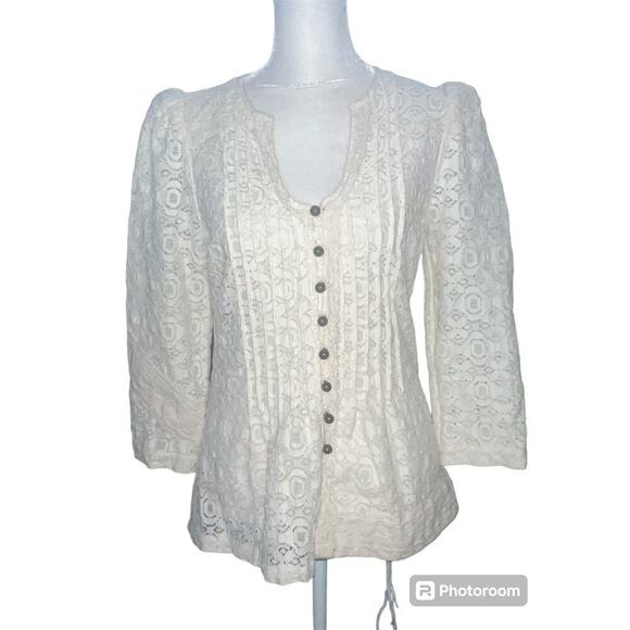 Plenty by Tracy Reese Ivory 3/4 Sleeve Button Up Boho Lace Blouse Size Small - Picture 1 of 4